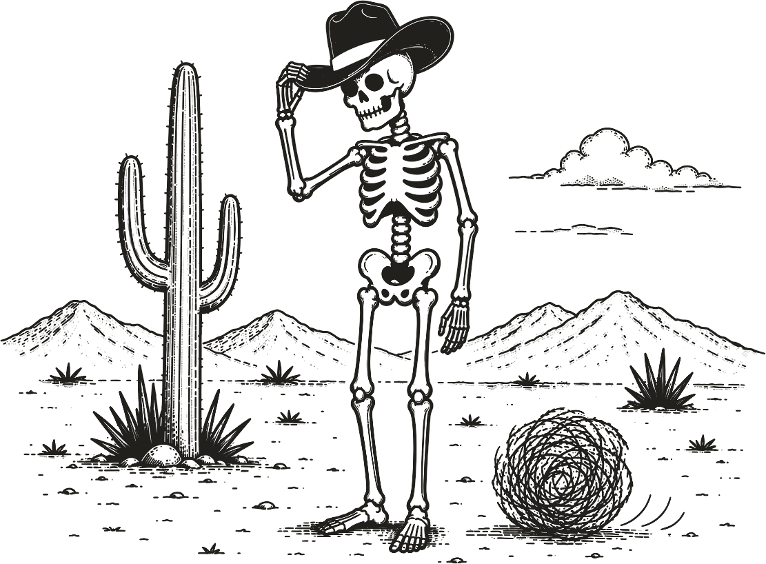 Good Company skeleton cowboy beside a saguaro in the desert